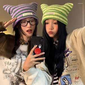 Berets Funny Little Devil Knitted Hats Women Korean Version Black And White Striped Color Matching Warm Ear Protection Beanie Cap