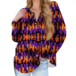 Damen T-Shirts Frauen Tops lustige Halloween Bluse Kürbis Fledermausdruck Langarm Langarm Casual V-Ausschnitt Gothic Fashion Streetwear Pullover