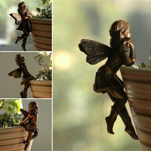 Dekorativa föremål Figurer Mini Girl Hanging Cup Harts Decoration Fairy Combination Blomma Borge Edge Decor for Garden Design Pot Ornament 230818