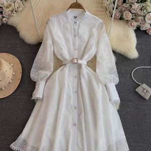 Casual Dresses Spring Autumn Vintage Women Dress Temperament Stand Collar Lantern Long Sleeve Single Breasted Crochet Hollow Out Female