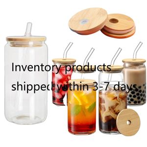 CA/USA Warehouse Hot Sale 16oz glas glas sublimering tomt öl kopp burk glas glas med bambu mössa och halm