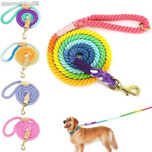 Dog Collars Leashes Colorful Dog Leash Round Cotton Dogs Lead Rope Cute Rainbow Pet Long Leashes Belt Outdoor Dog Walking Training Leads Ropes HKD230822