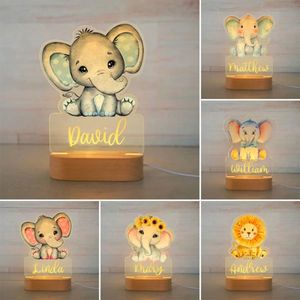 Neuheit Gegenstände Personalisierte Baby Elefant Lion LED USB 7 Farben Nachtlicht benannte Namen Acryllampe für Kinder Kinder Schlafzimmer Home Dekoration 230821
