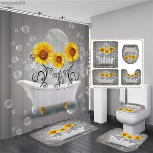 Shower Curtains 3D Flower Shower Curtain Set Bath Mats Rugs Sunflower Bathroom Sets Bathtub Curtains with Non-Slip Carpet Lid Cover R230829