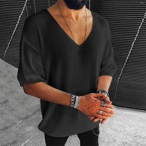 Men's T Shirts Male Summer Casual Solid Knit Shirt Blouse Short Sleeve V Neck Off Shoulder Tops