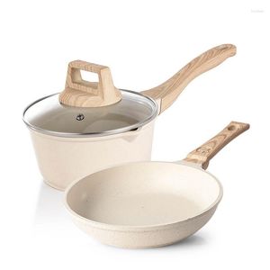 Cookware Sets Non-Stick Frying Pan Set Maifan Stone Kitchen Soup Pot Milk With Wooden Handle Cooking Utensils For