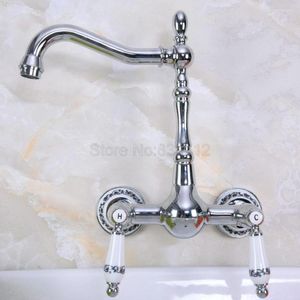 Kitchen Faucets Polished Chrome Brass Faucet Swivel Spout Wall Mounted And Cold Water Mixer Tap Bathroom Vessel Sink Tnf963