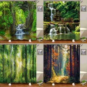 Cortinas de chuveiro moderna impressão 3D floresta cortina de chuveiro planta verde árvore paisagem cortina de banho com para banheiro cenário à prova d'água R230829