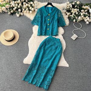 Two Piece Dress Retro Solid Lace for Women Elegant OL Lapel Single-breasted Shirt Long Skirt Sets ensemble femme 2 Piece Sets 20297l