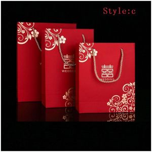 Embrulhado de presente estilo chinês vermelho dupla felicidade sacos de papel para bolsa de embalagem com alça de festa favores lx0633 entrega de gota home jardim fe dhkft