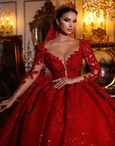 Arabic Luxury Red Lace Wedding Dress Long Sleeves Sparkly Sequin Women Marriage Dubai Bridal Gown 2023 Vestido De Novia Custom Made