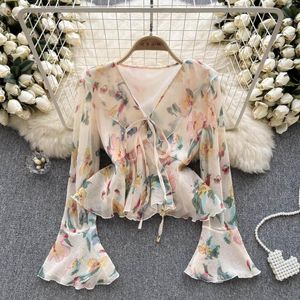 Camicette femminile stampa in chiffon camicie chiffon temperamento v al collo dissolvenza maniche lunghe maniche lunghe allacciati alti e chic sottili da donna sottili abbinate