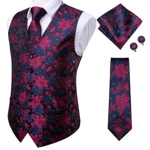 Mäns västar blå röd blommig silke mens väst slips set jacquard ärmlös jacka kostym maistcoat slips hanky manschetter bröllop företag överdimensionerad