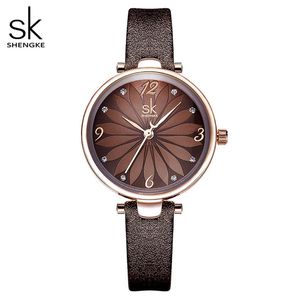 Shengke Leather Watch Flower Dial Women Quartz腕時計Quartzアナログ女性時計カジュアルレディースウォッチReloj Mujer209f