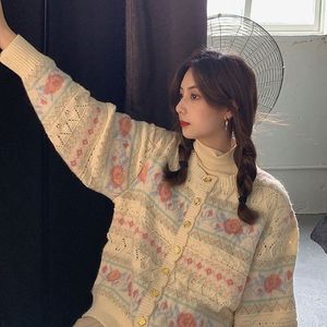 Kadın Örgüleri Tees Harajuku Vintage Y2K HARDIGAN BURAD OUT Çiçek Jacquard Düğmesi Uzun Kollu Kazak Sonbahar Sonbahar Gevşek Tüm Maç Kadın Giyim 230821