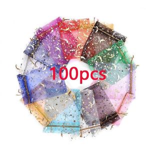 Hediye sargısı 100pcs çeşitli renk organze çantaları dstring altın ay yıldız basılı örgü mücevher poşet poşet parti düğün iyiliği drop de otzh6