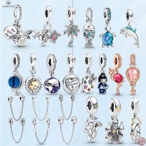 925 silver for pandora charms jewelry beads Firefly Safety Chain Blue Scaled Fish charms set Pendant DIY Fine Beads Jewelry