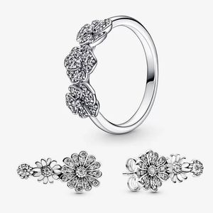 Anel de flores com pansy triplo e brincos de cravo para Pandora Real 925 Sterling Silver Designer Jewelry Conjunto para mulheres Anéis de diamante de luxo Brincho