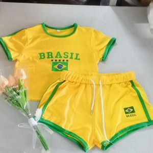 Calça de duas peças góticas hip hop harajuku y2k brasil letra padroniza impressão de duas peças de duas peças casuais chiques simples shorts de cordão amarelo conjunto 230822