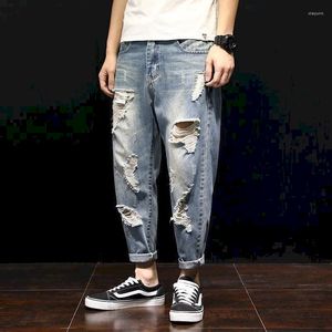 Herr jeans foufurieux män sommar rippade ankel längd överdimensionerad hiphop byxor denim repade lösa pojkar blå byxor kläder