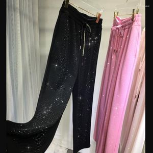 Women's Pants Highstreet Shinning Drilling Diamonds Women Slim Black Pink Large High Waist Wide Leg Smooth Summer Long