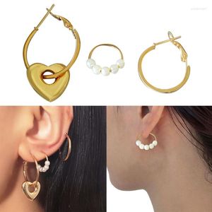 Hoop Earrings Gold Color Pearl Earring Set For Women Girls Vintage Bead Circle Heart Trend Jewerly Accessories T8DE