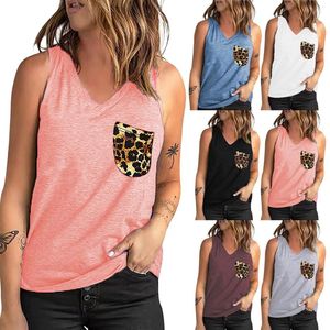 Women's Tanks Temperament V-neck Vest For Ladies Leopard Print Pocket Solid Color Round Neck Sleeveless Top Summer Pullover Bottoming Shirt