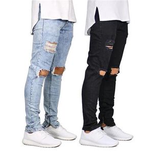 Men's Jeans 2 Colors Mens Casual Knee Hole Zipper Design Elastic Waist Pencil Slim Fit Fashionable Urban Wind Style Cool Pant2829