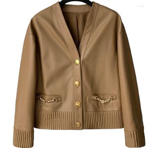 Women's Leather Autumn 2023 Hong Kong Style Jacket Short V-neck Sheep Casual Slim Coat Real