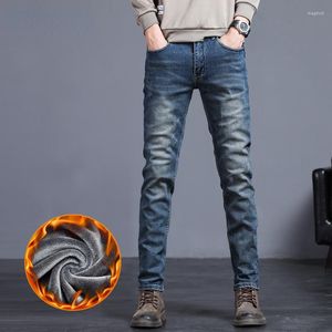 Herr jeans vinter fleece varm vintage blå bomull klassisk smal skinny mode streetwear tjock fluff denim byxor man 27-38