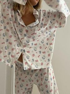 Women's Sleepwear Fall Women Lounge Pajama Sets Strawberry Print Turn-Down Collar Long Sleeve Shirts Tops Pants 2 Piece Loungewear Homewear