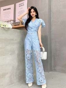 Dwuczęściowe spodnie Korean Summer Style Celebrity Set Lace V-deck z krótkim rękawa