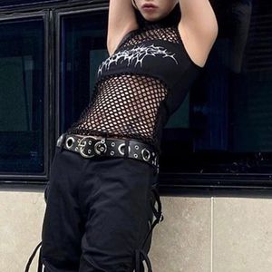 Women's T Shirts Goth Dark Mesh Hollow Abstract Print Slim High Neck See-Through Vest Spice Graffiti Patchwork With Sleeve Top