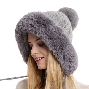 Beanie Skull Caps Winter Warm Knitted Hat Fur Women with Earflap Two Balls Lady Outdoor Thicken Plush Fluffy Cap Russian Hats for 230822