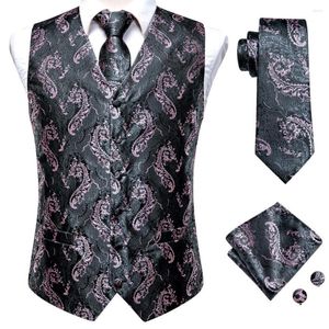 Mäns västar Hi-Tie Gray Pink Silk Mens Vest Tie Hanky ​​Cufflinks Set Jacquard Floral Waistcoat Jacket Nattie For Mane Wedding Business Gift