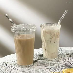 Copos de vinho xícara de vidro de faixa simples com tampa e palha transparente de chiclete suco de chá de cerveja xícaras de café da manhã caneca home drinkware