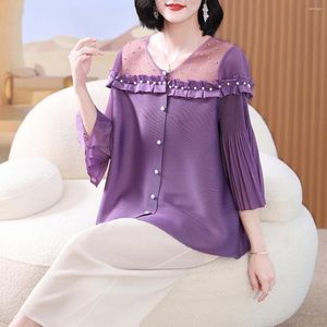 Women's T Shirts Miyake Pleated Fashion Blouse Outdoor All-Matching Tops Spring And Summer Lace Beaded Single Breasted Outer Wear Cardigan