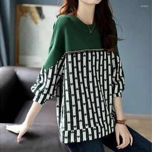 Women's Sweaters Spring Summer Pullover Women 2023 Dark Green Fashion Round Neck Long Sleeve Tops Striped Beading Stitching Sweater Female