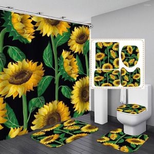 Zasłony prysznicowe Wysokiej jakości czarny kwiat tkaniny Zestaw zasłony bez poślizgu dywanika toaletowa mata do kąpieli żółty kwiat słonecznikowy
