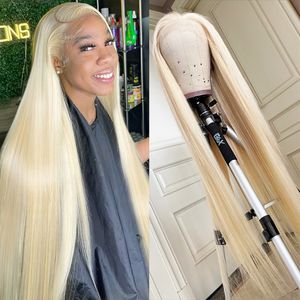 Blonde 613 Bone Straight Blueless Prement Procked Wig Human Hairs Плотность 30 36 дюйм 13x4 13x6 HD Кружевые парики с передним человеческими волосами