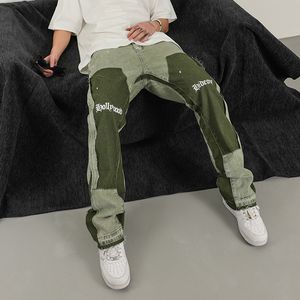 Mäns jeans vintage nödställda graffiti män mikro blossade denim jean hip hop stänk bläck färgblockerad gata slitage casual smal passform 230821