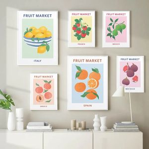 Canvas målar fruktmarknad orange citron persika tecknad abstrakt frukt affischer och tryck nordisk väggkonst kök hem matsal dekor ingen ram wo6