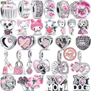 925 Silver Fit Pandora Charm 925 Bracciale Pink Series Flower Butterfly Print Heart Mom Forever Love Charms per Pandora Charms Gioielli 925 Accessori per perle Charm 925 Accessori