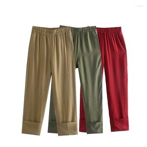 Frauenhose Za für Frauen Grüne Satin -Frau Hosen Khaki hohe Taille Baggy Frau Herbst 2023 Streetwear lässig