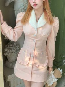 Rosa japanska lolita kawaii dres långärmad koreansk stil fest miniklänning fickor söt söt fairy ny 230808