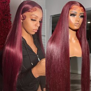 Burgundy Straight 13x4 HD Lace Human Hair Hair Wig Brazilian 99J Red Lace Lace Hair Hair Hair Rigs للنساء مسبقًا مسبقًا