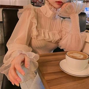Women's Sweaters Half Turtleneck Sweater Jumper Pullover Chiffon Shirt Sueters Mujer Elegant Korean Mesh Flare Sleeve Knitted Tops Ruffle