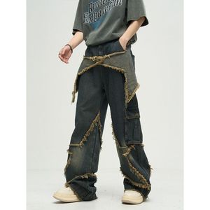 Męskie dżinsy amerykańskie retro dżinsy męskie Y2K kombinezon męski gwiazda Patchwork ins Trendy High Street Casual Pants luźne spodni 230821