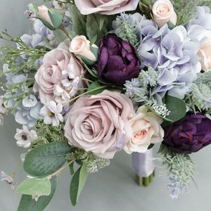 Bröllopsblommor Mixed Fake Purple Silk Rose Buquets For Bride Pography Props European Holding Ramos de Boda Novias