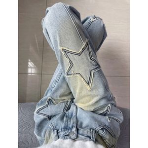 Women's Jeans High Street Boyfriend Style Raw Edge Star Applique Embroidered Loose Straight Waist Drape Wide Leg Pants Trendy 230821